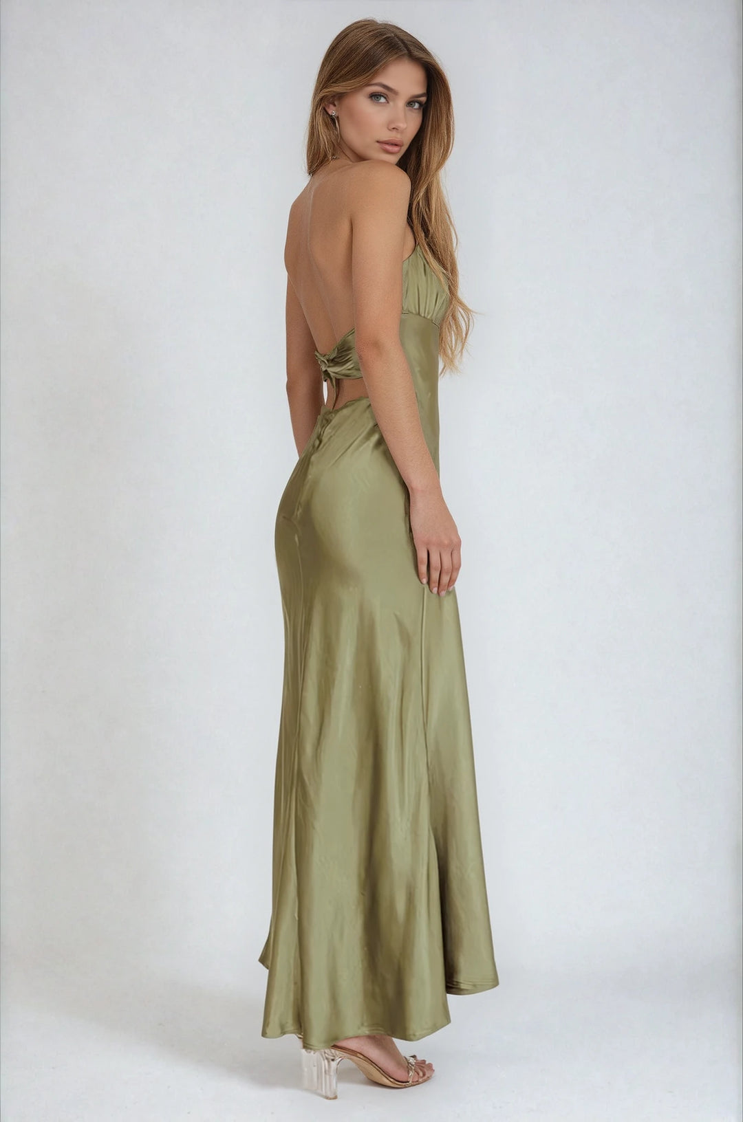 gigi gown on model olive back view floor length draped gown