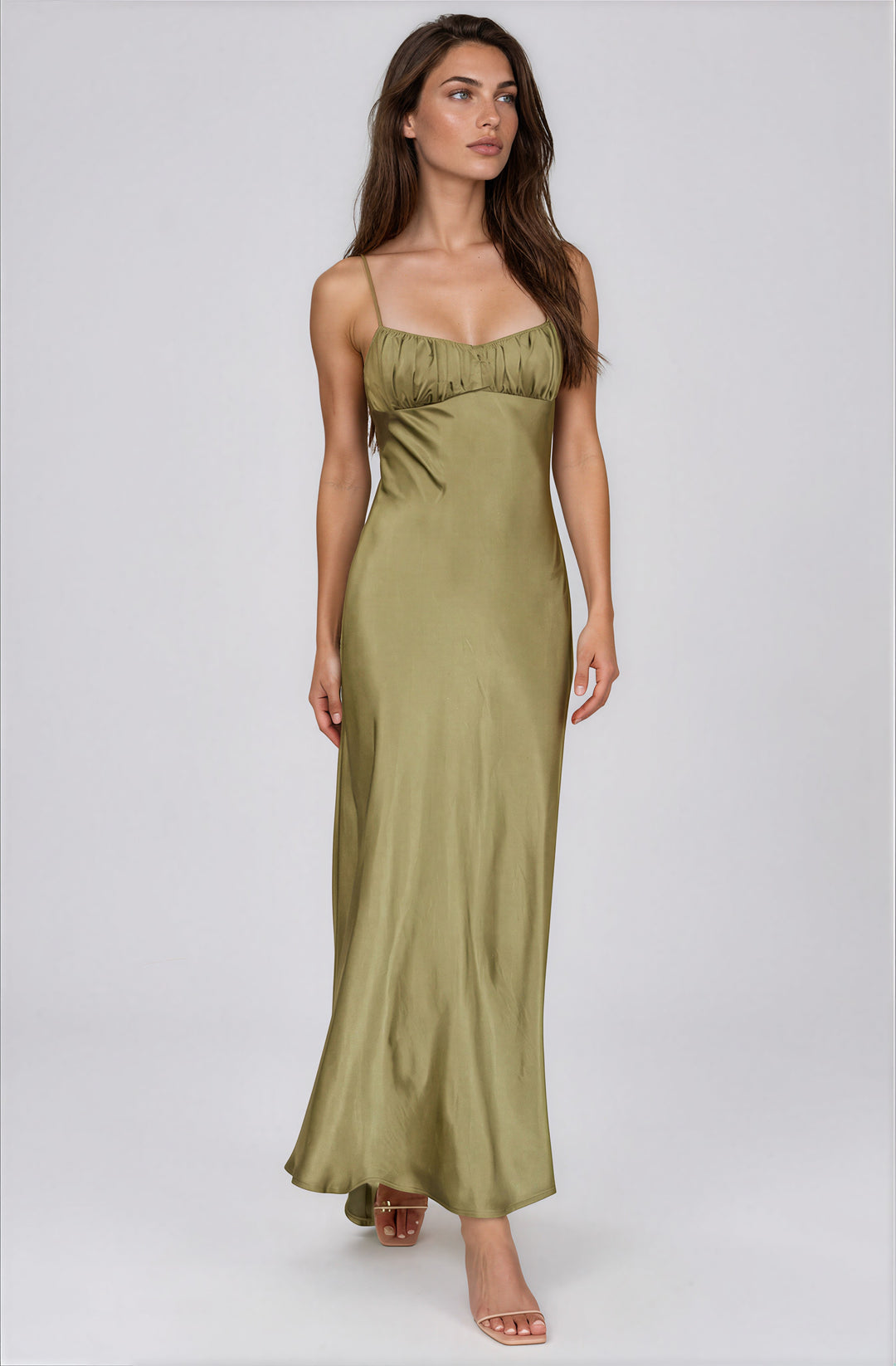 green satin maxi dress with ruched bra for summer weddings