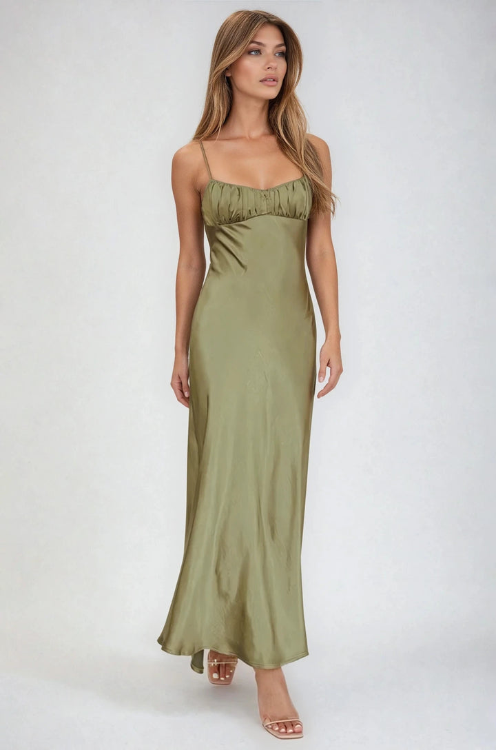 gigi gown on model olive front view sweetheart neckline and slim straps