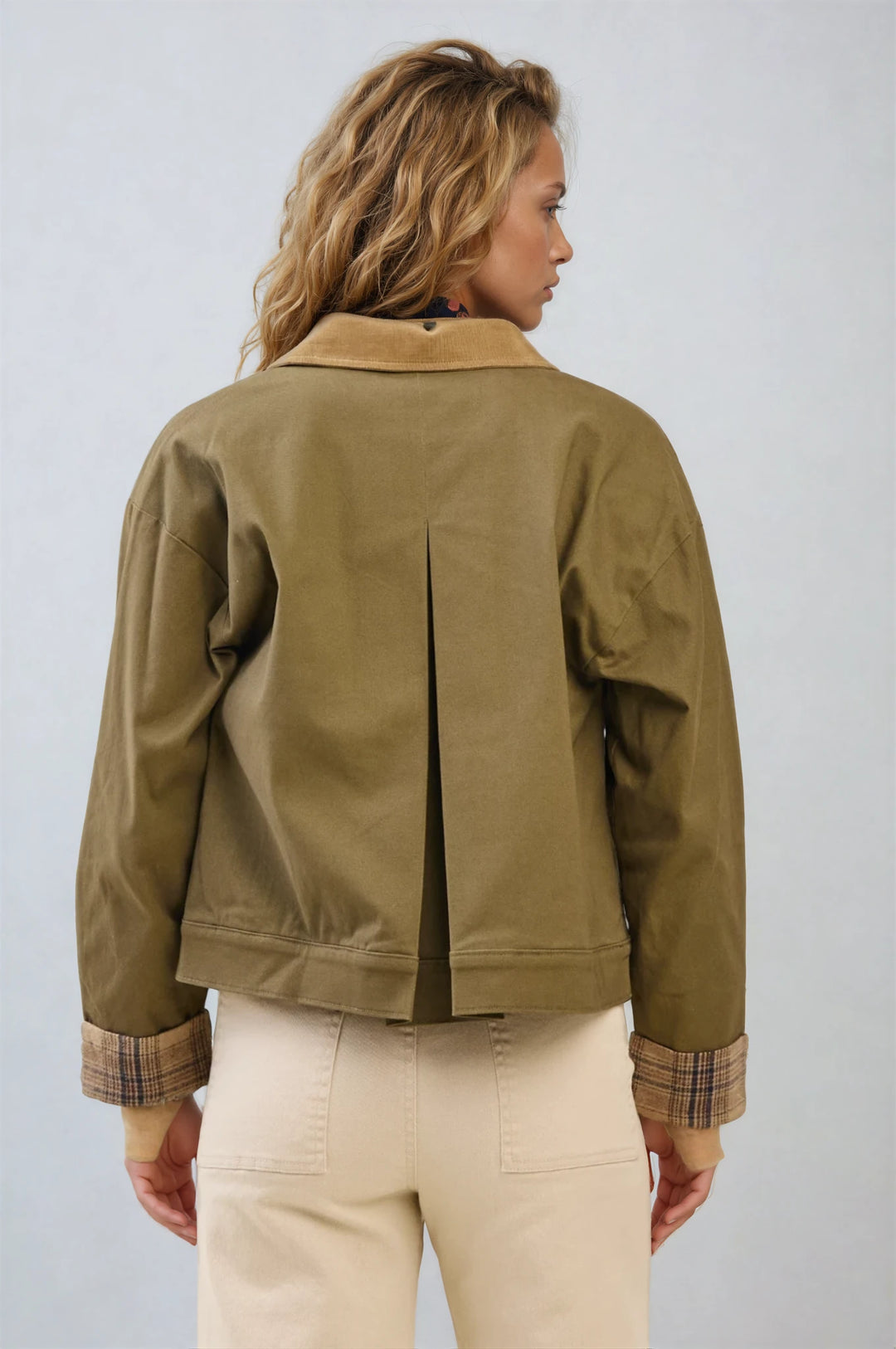 Back view gray crewneck sweatshirt on model