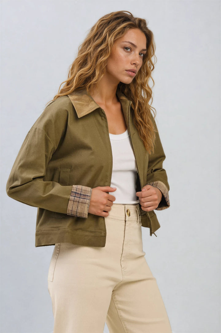 Olive wide leg cargo pants with high rise fit on model