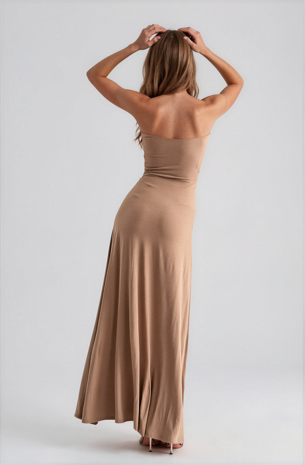 beige plunge neck maxi dress back view