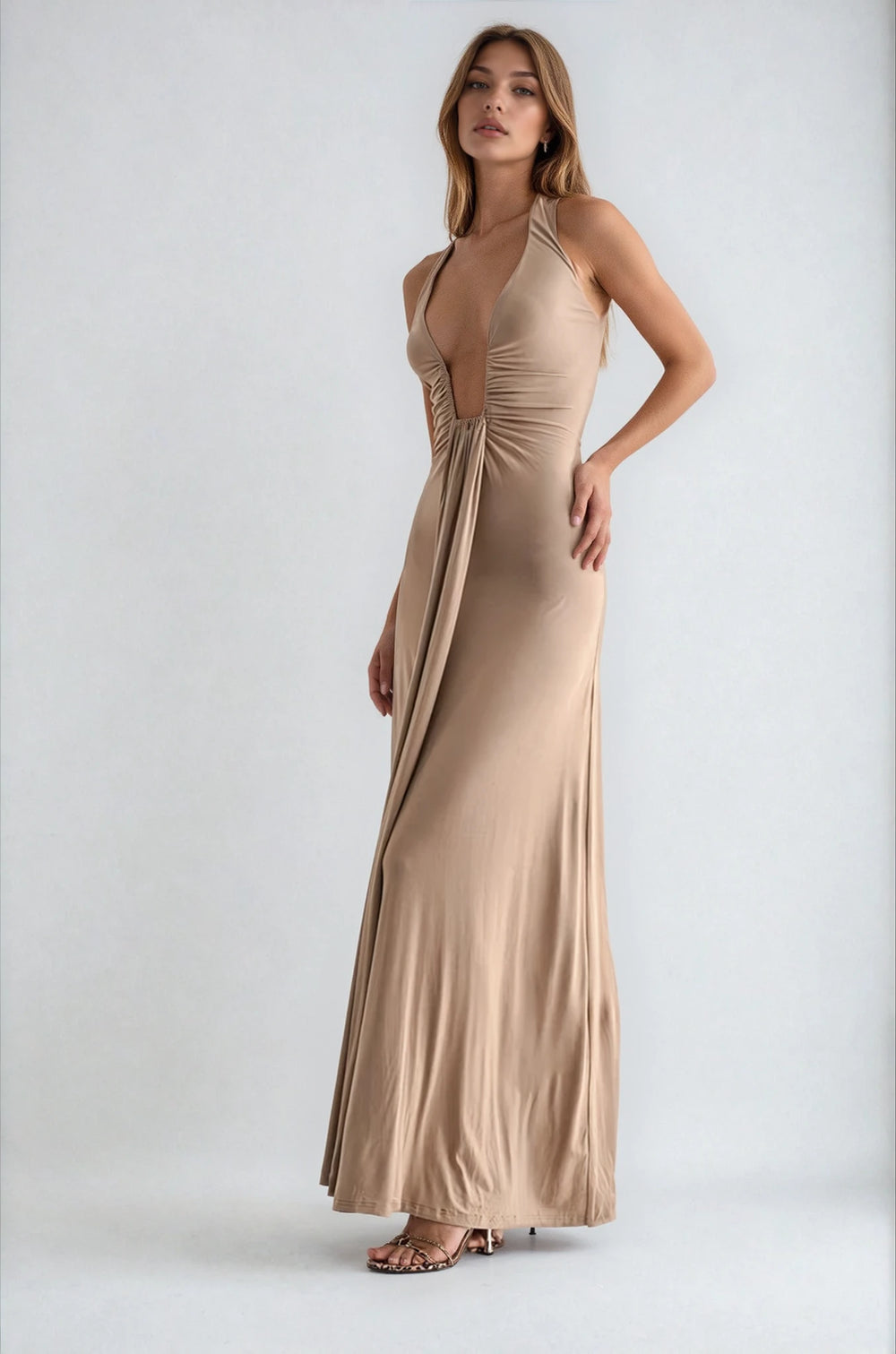 hannah gown on model beige side view ruched bodice and tiered skirt