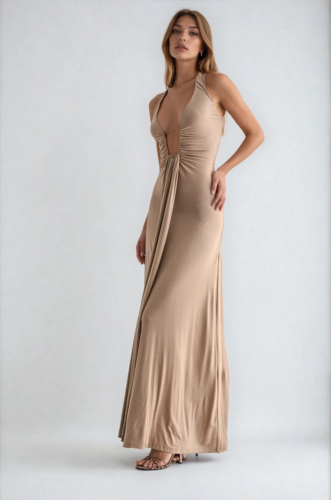 hannah gown on model beige side view ruched bodice and tiered skirt