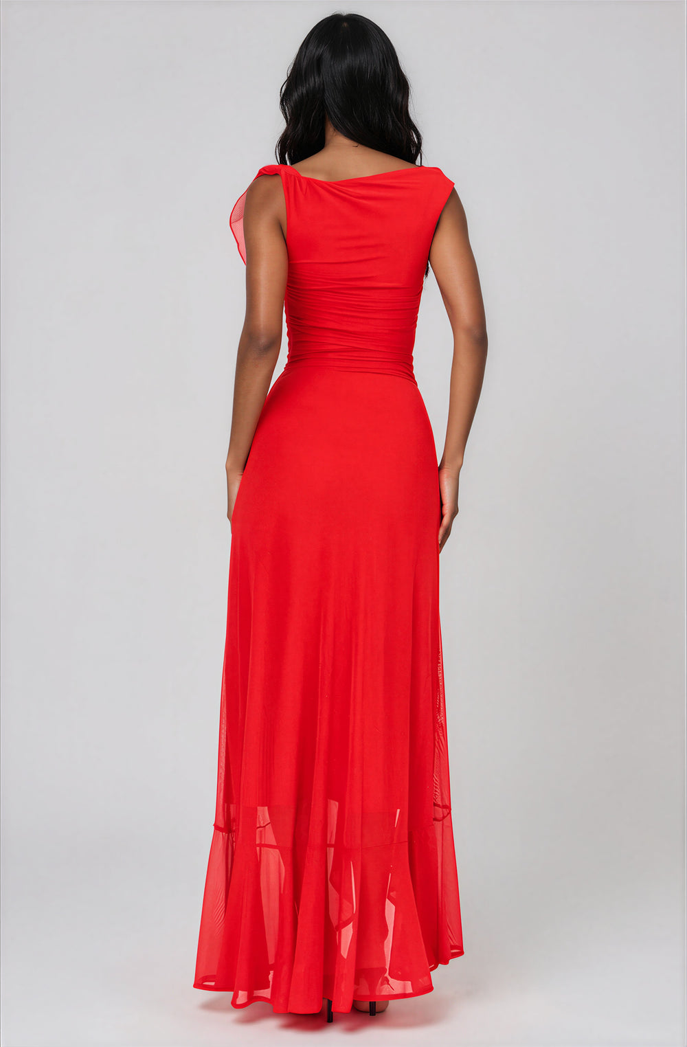 red short sleeve mesh maxi dress with side slit