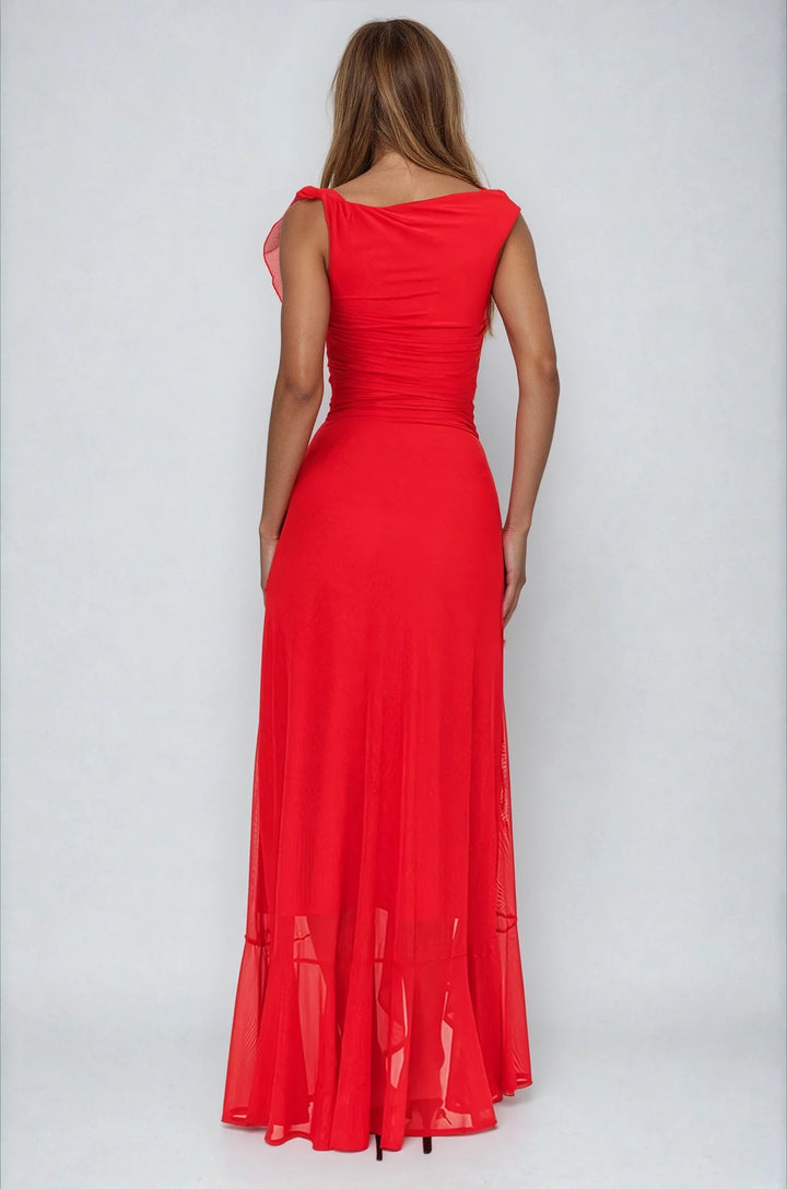 harper gown on model red one shoulder gown back view