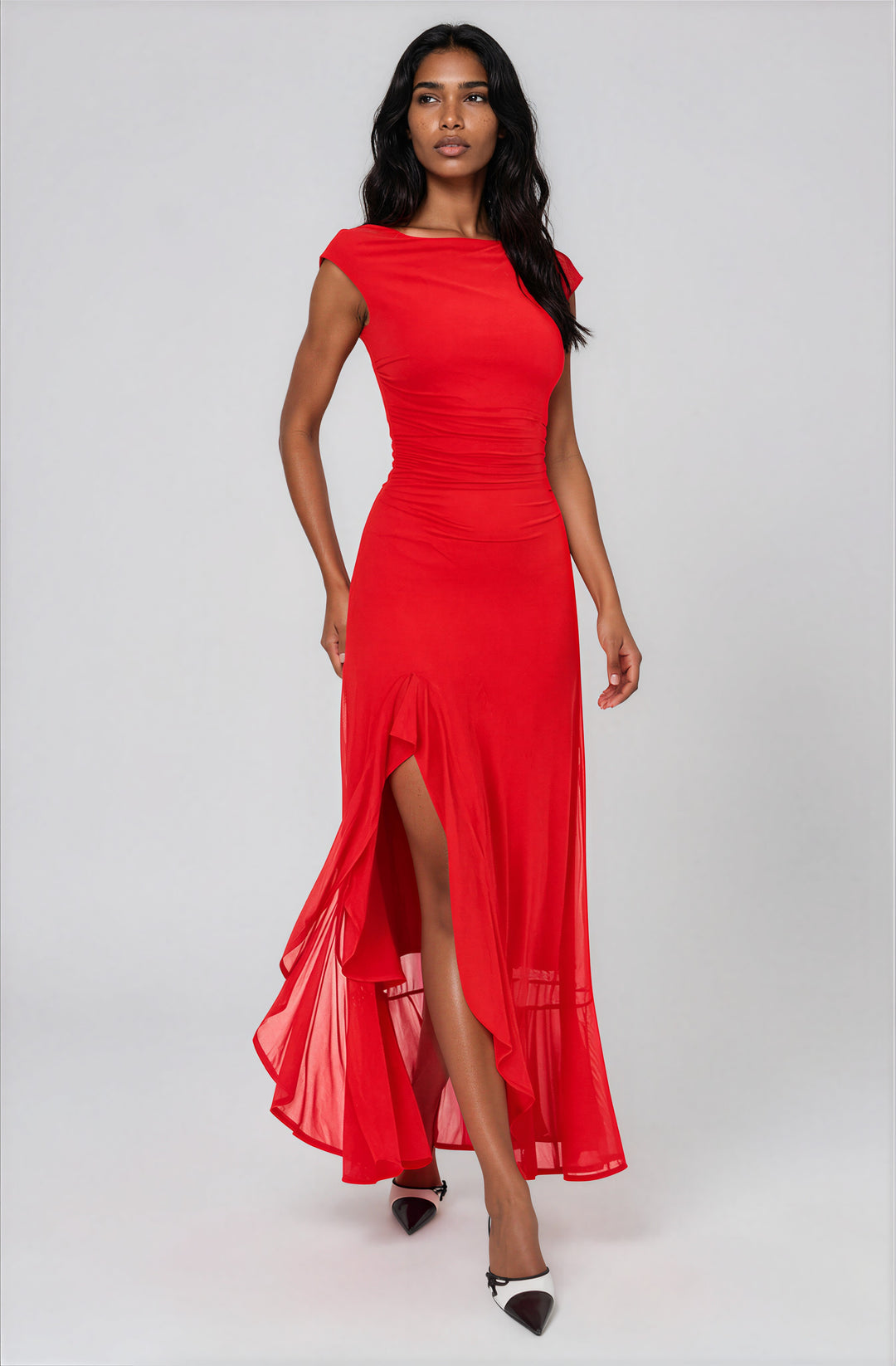 red short sleeve mesh maxi dress with side slit