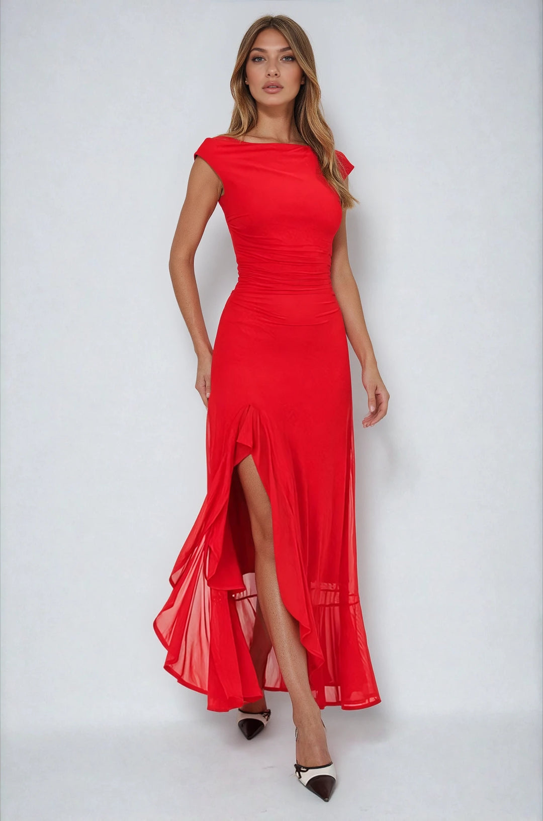 harper gown on model red one shoulder gown front view