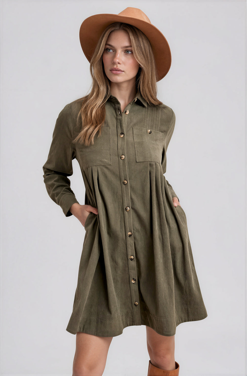 Front view olive corduroy shirt dress on model