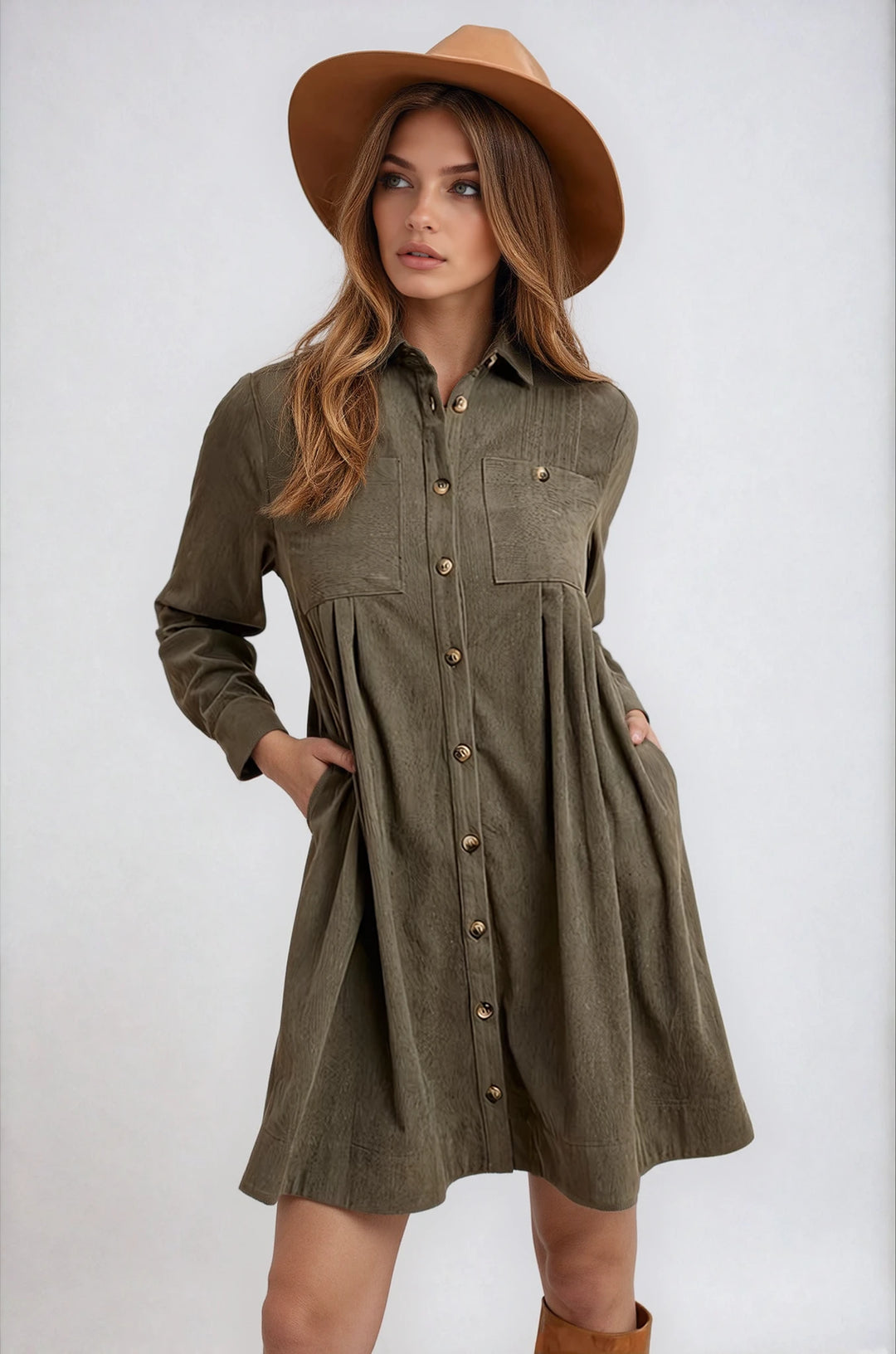 Front view olive corduroy shirt dress on model