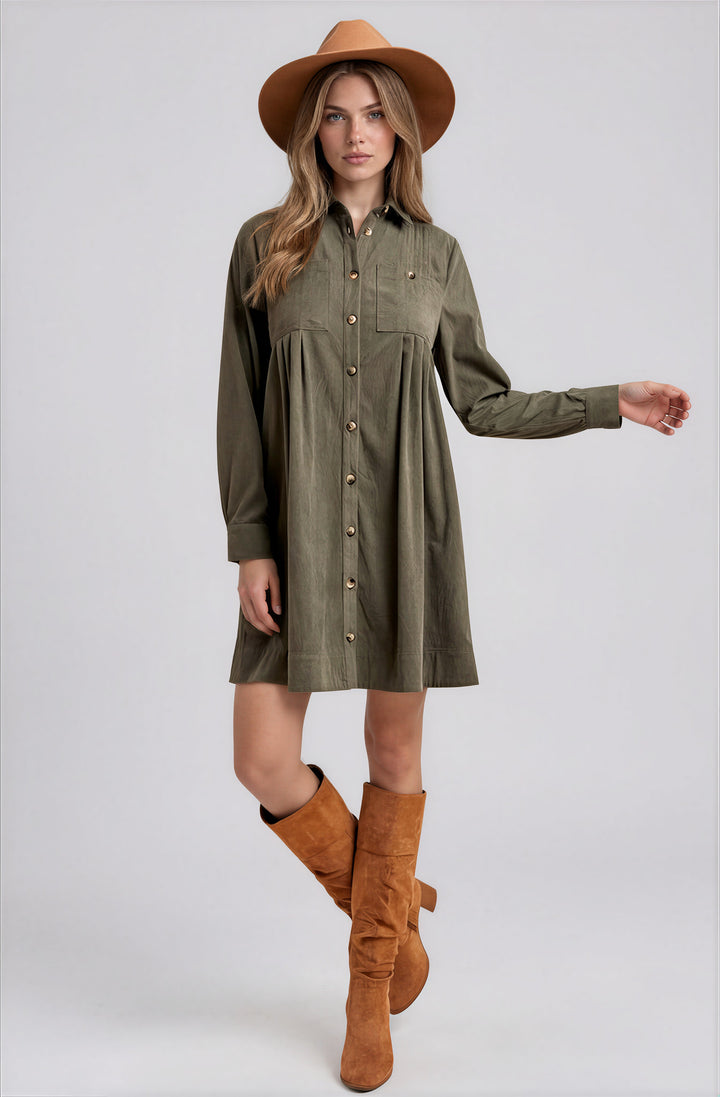 Olive corduroy mini shirt dress on model with boots