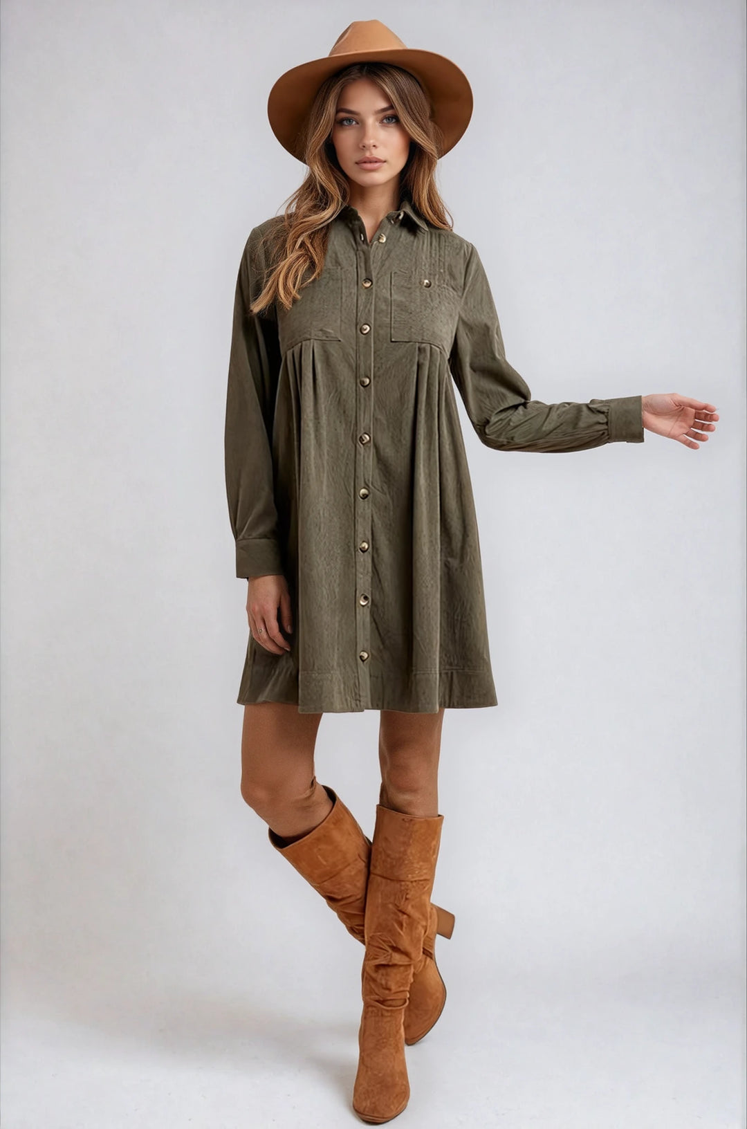 Olive corduroy mini shirt dress on model with boots