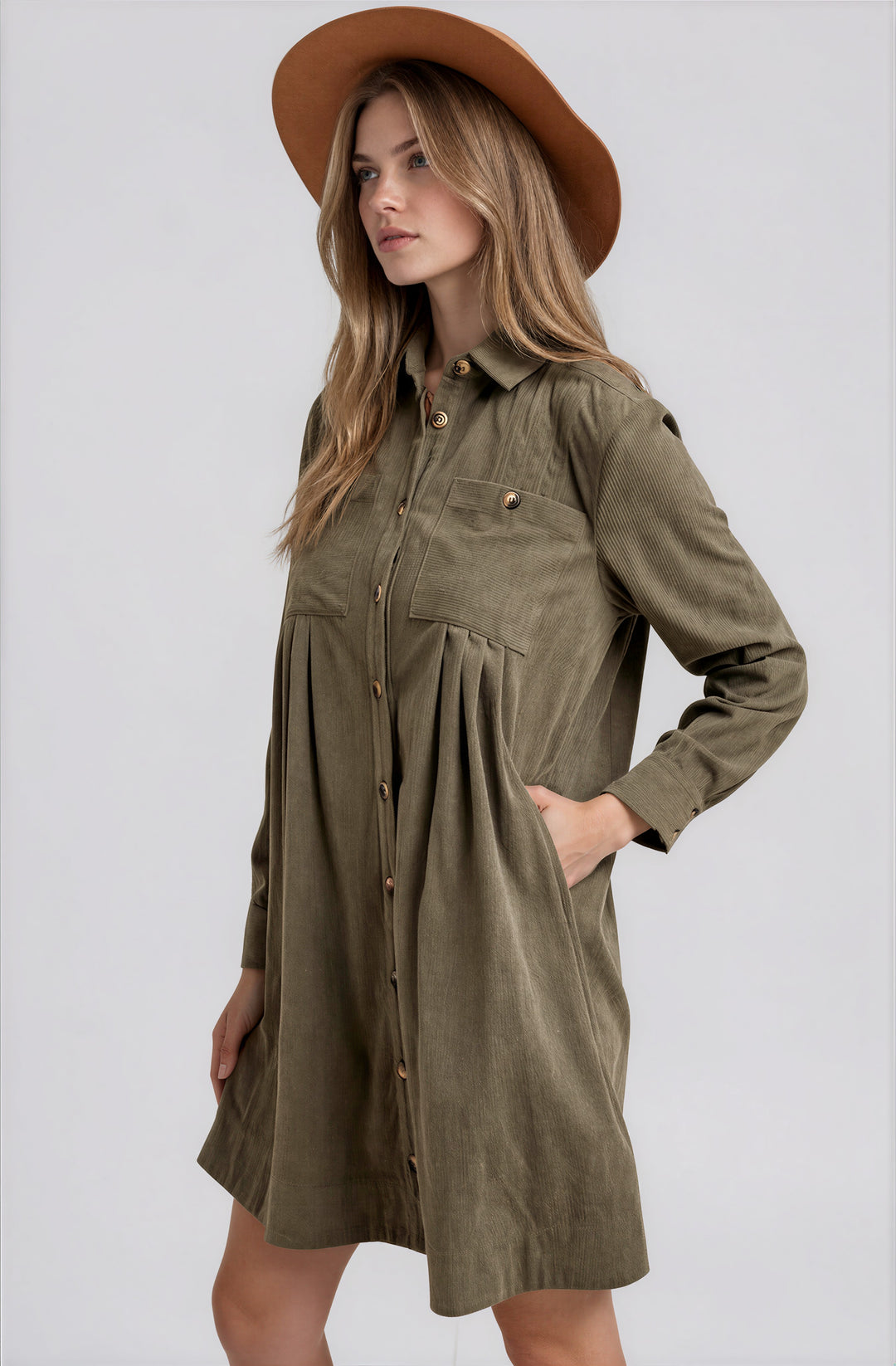 Side view olive corduroy shirt dress on model