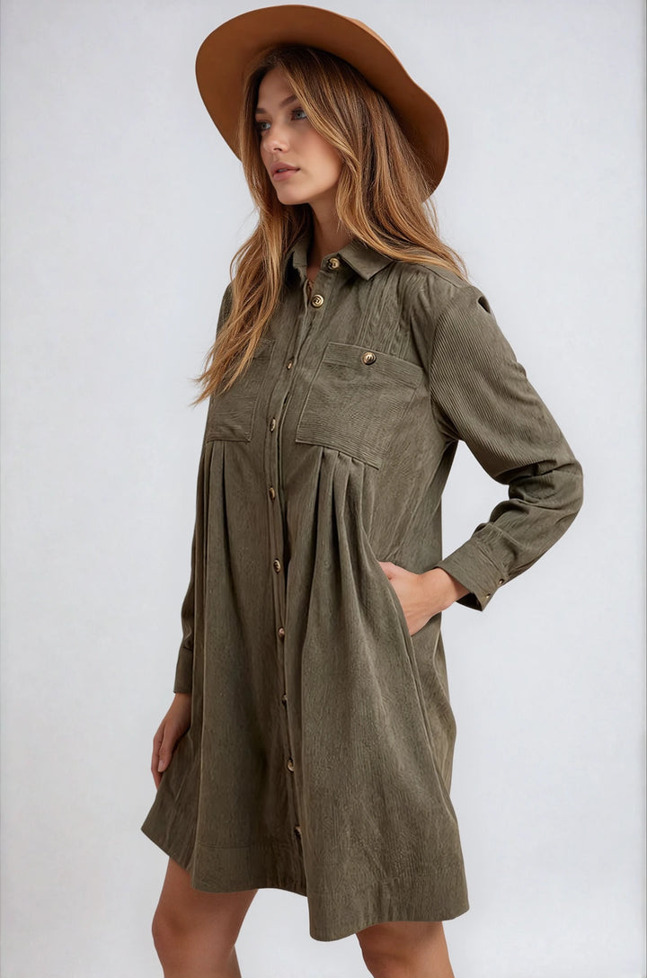 Side view olive corduroy shirt dress on model