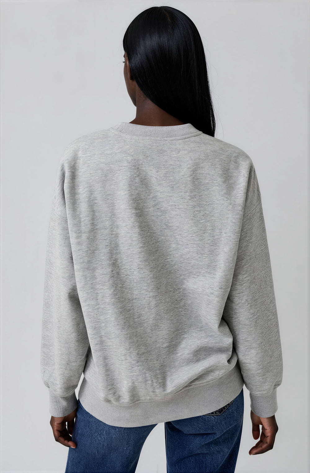 gray crewneck sweatshirt with black text back view