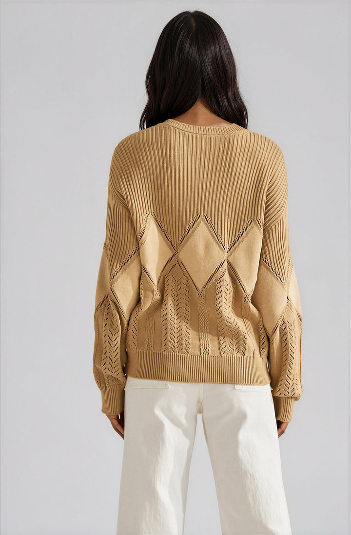 Back view beige pullover sweater with ribbed trim on model
