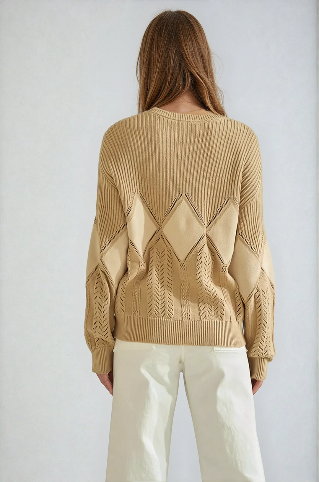 Back view beige pullover sweater with ribbed trim on model