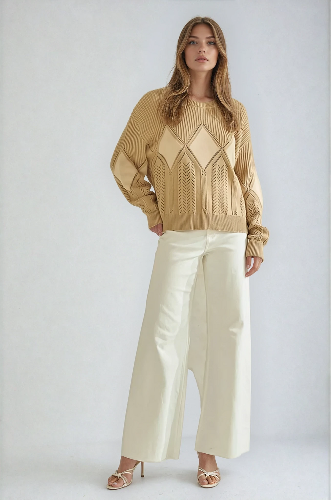 Beige textured pullover sweater with diamond knit pattern on model
