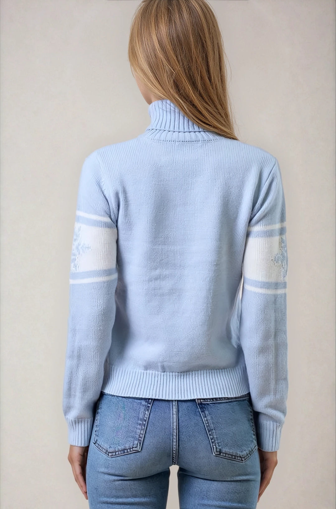 Back view light blue and ivory patterned sweater on model