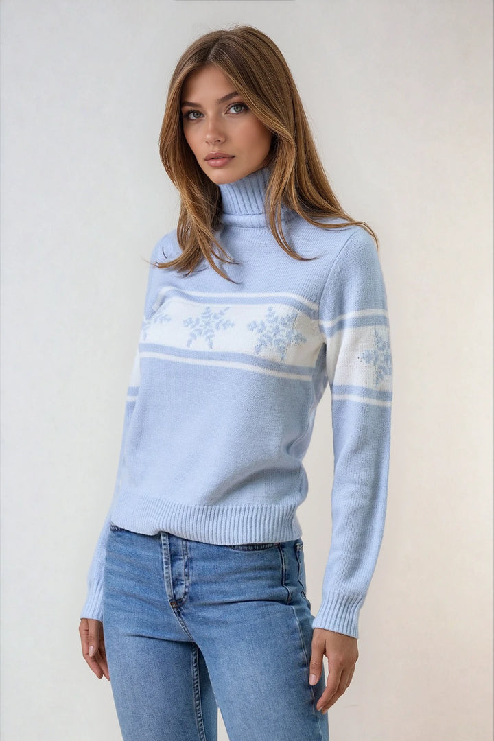 Light blue and ivory color block turtleneck sweater on model