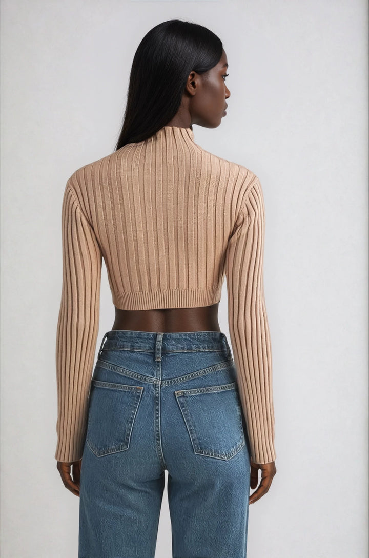 Back view beige cropped knit sweater on model