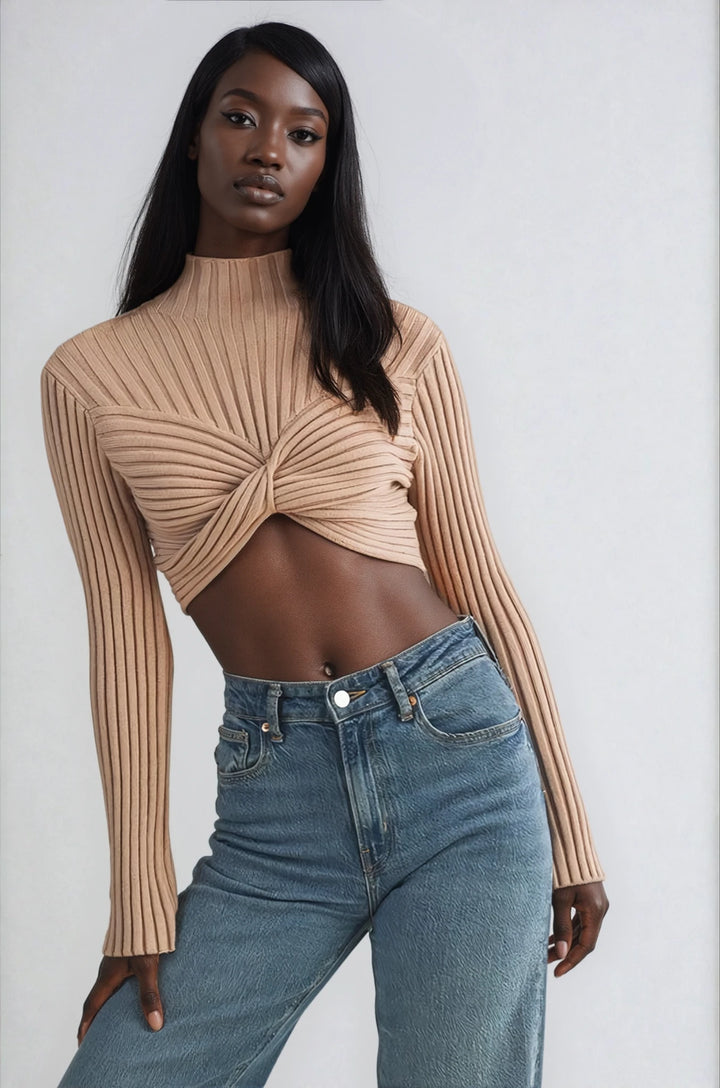 Front view beige ribbed cropped sweater with fitted sleeves