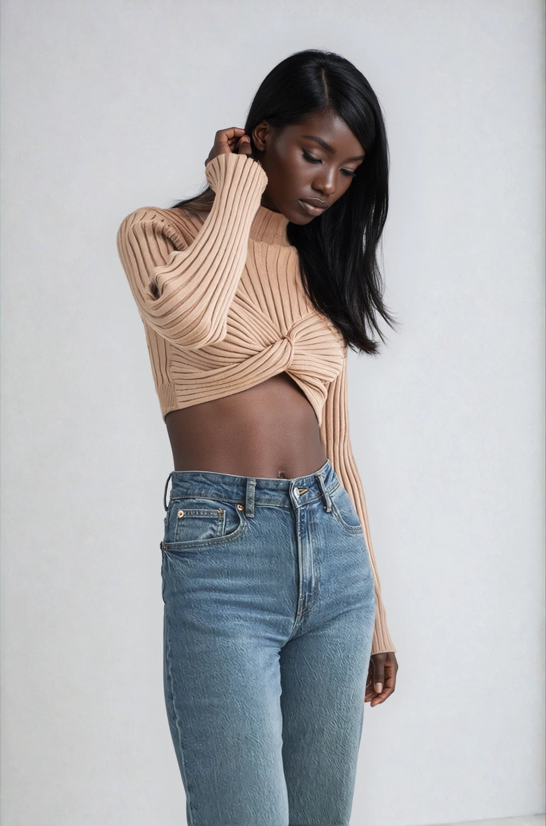 Front view beige cropped sweater with high neckline
