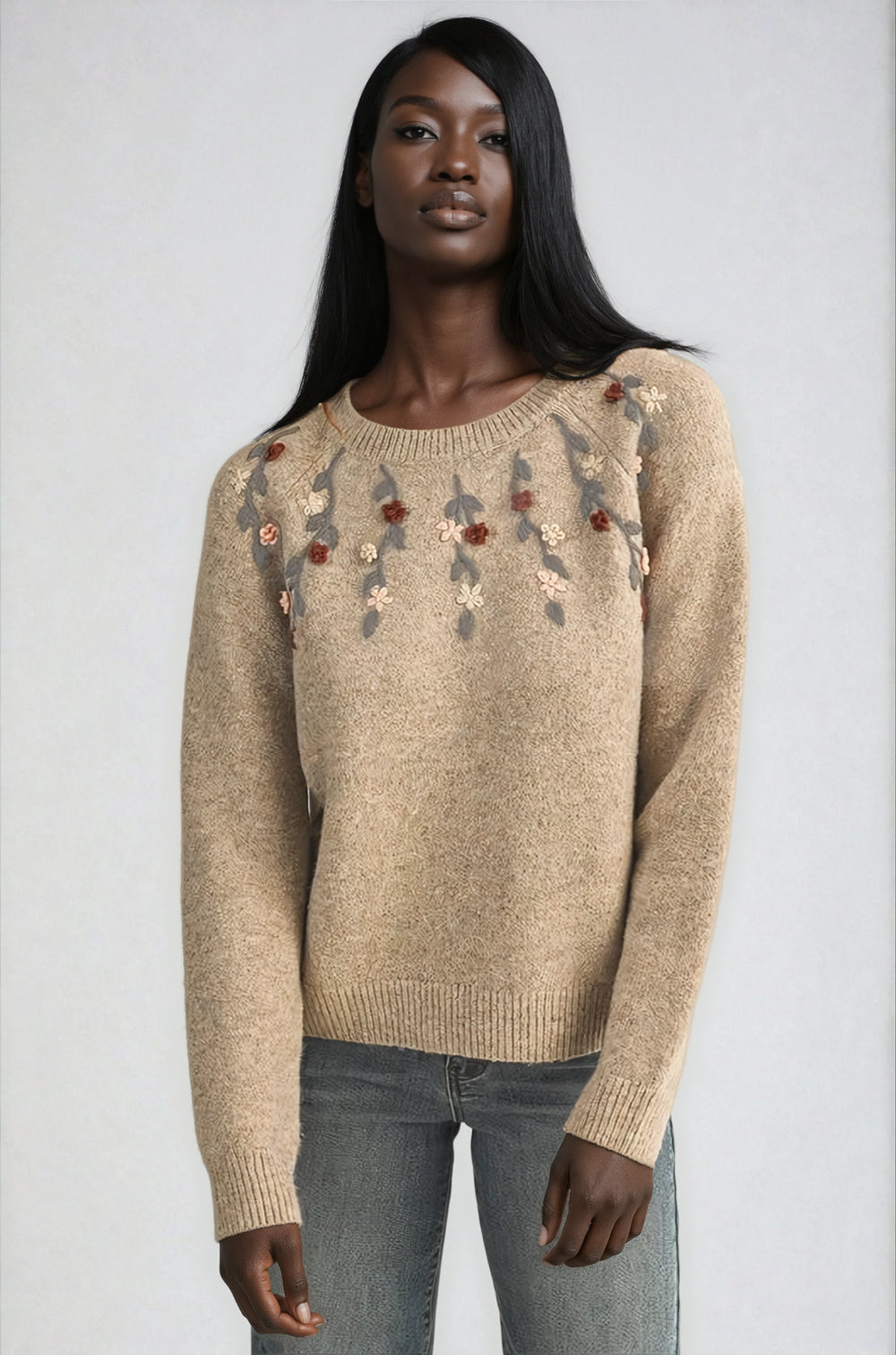 Front view beige knit sweater on model