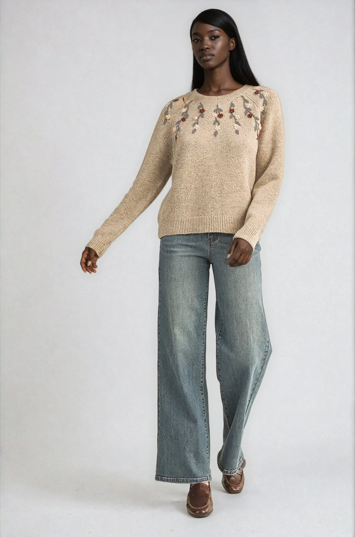 Front view beige knit sweater on model