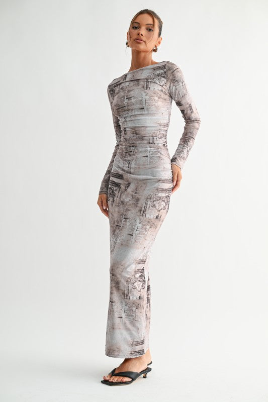 manhattan dress beige printed long sleeve maxi front view