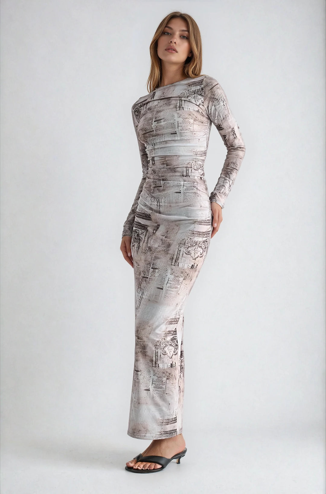 manhattan dress beige printed long sleeve maxi front view