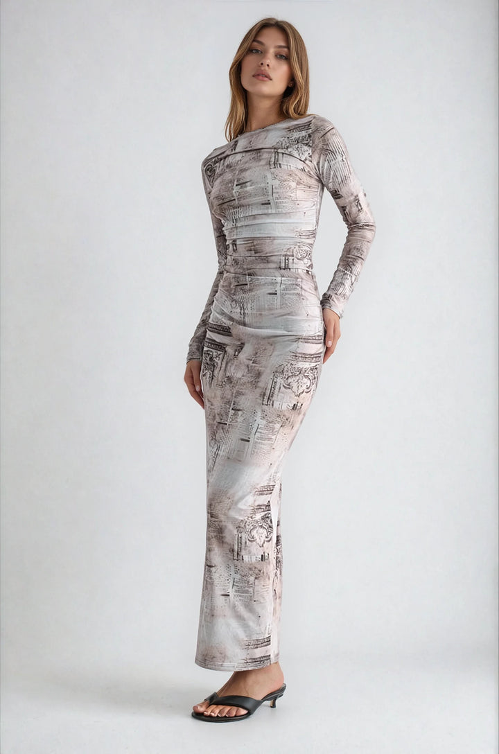 manhattan dress beige printed long sleeve maxi front view