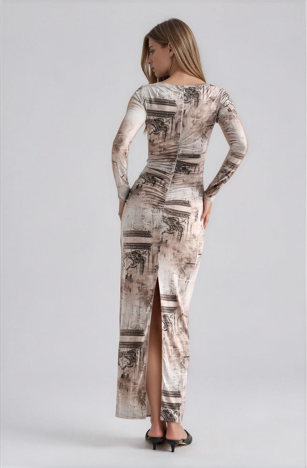 gray long sleeve printed mesh maxi dress back view
