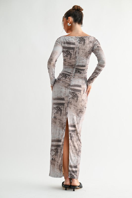 manhattan dress on model beige printed long sleeve maxi back view