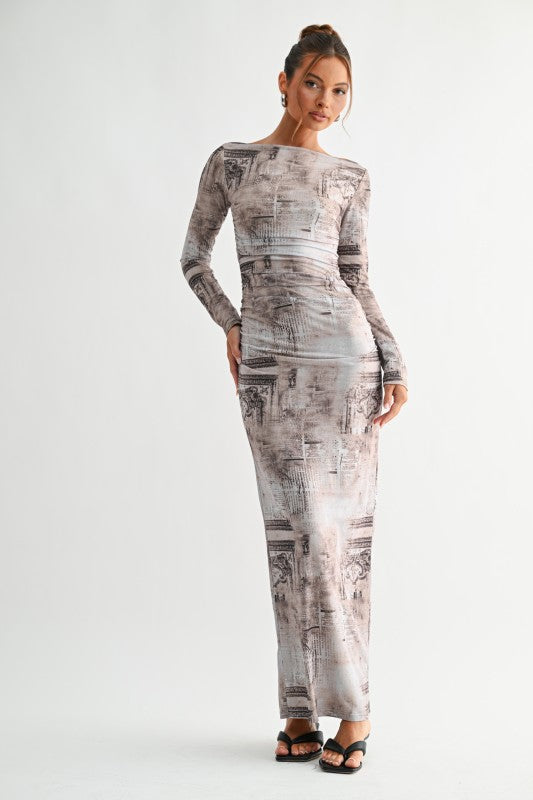 manhattan dress on model beige printed long sleeve front view