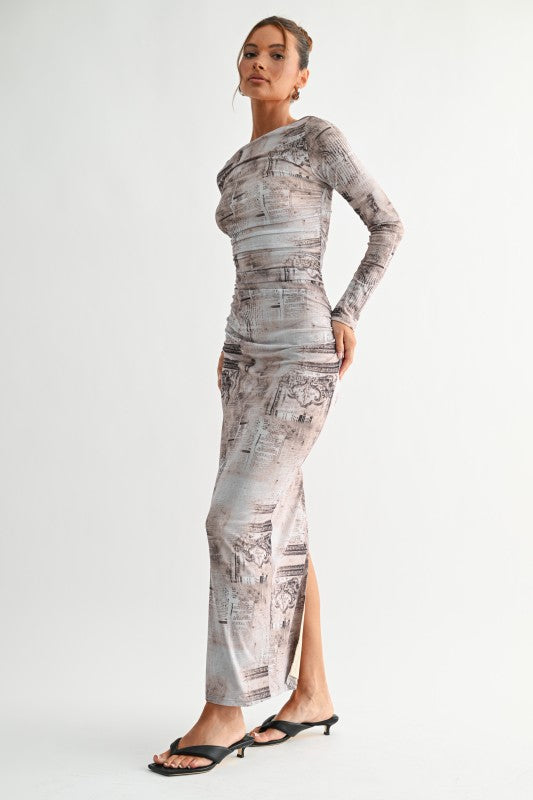 manhattan dress on model beige printed long sleeve side view