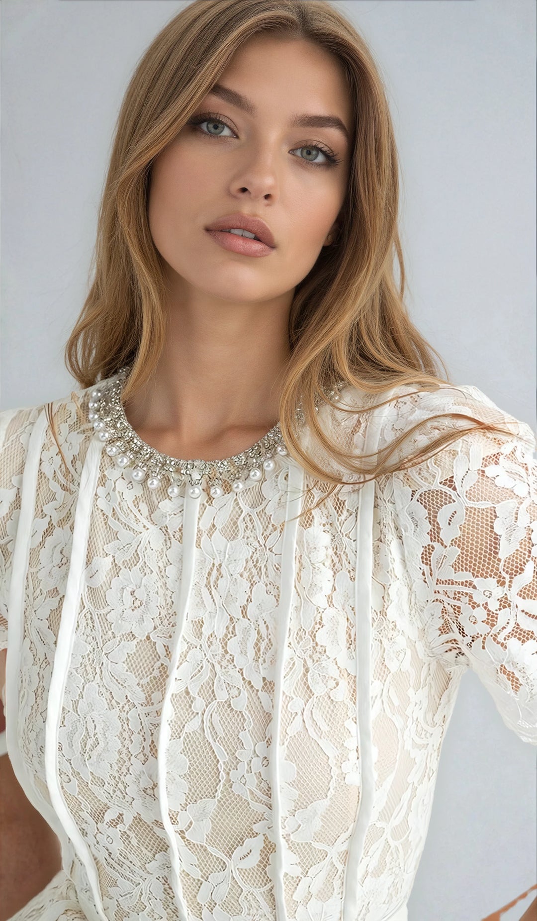 Front view ivory lace dress with crystal and pearl detail