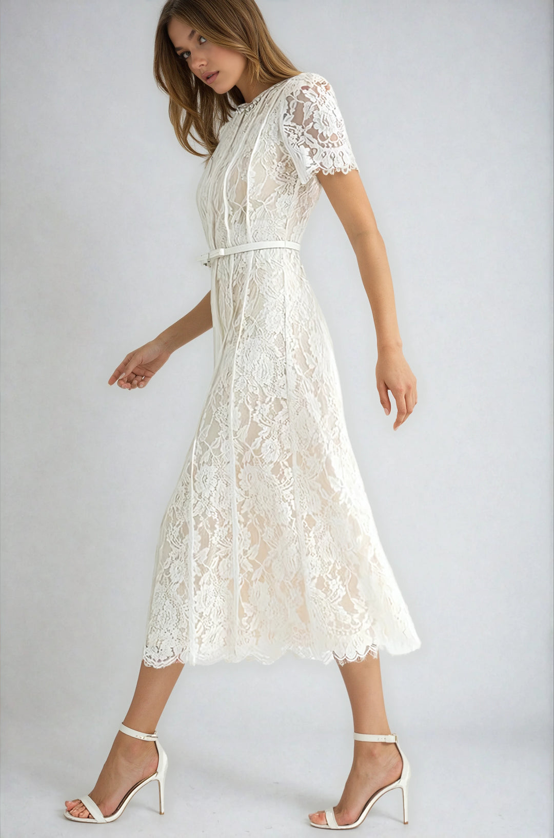 Side view ivory floral lace midi dress on model