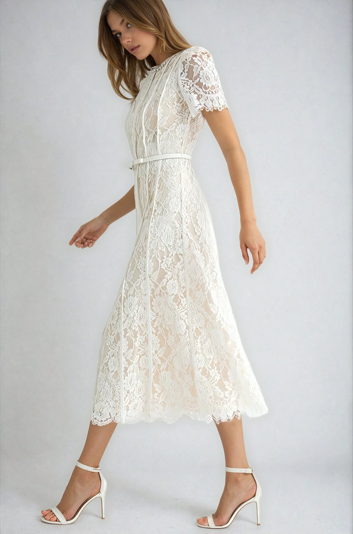 Side view ivory floral lace midi dress on model