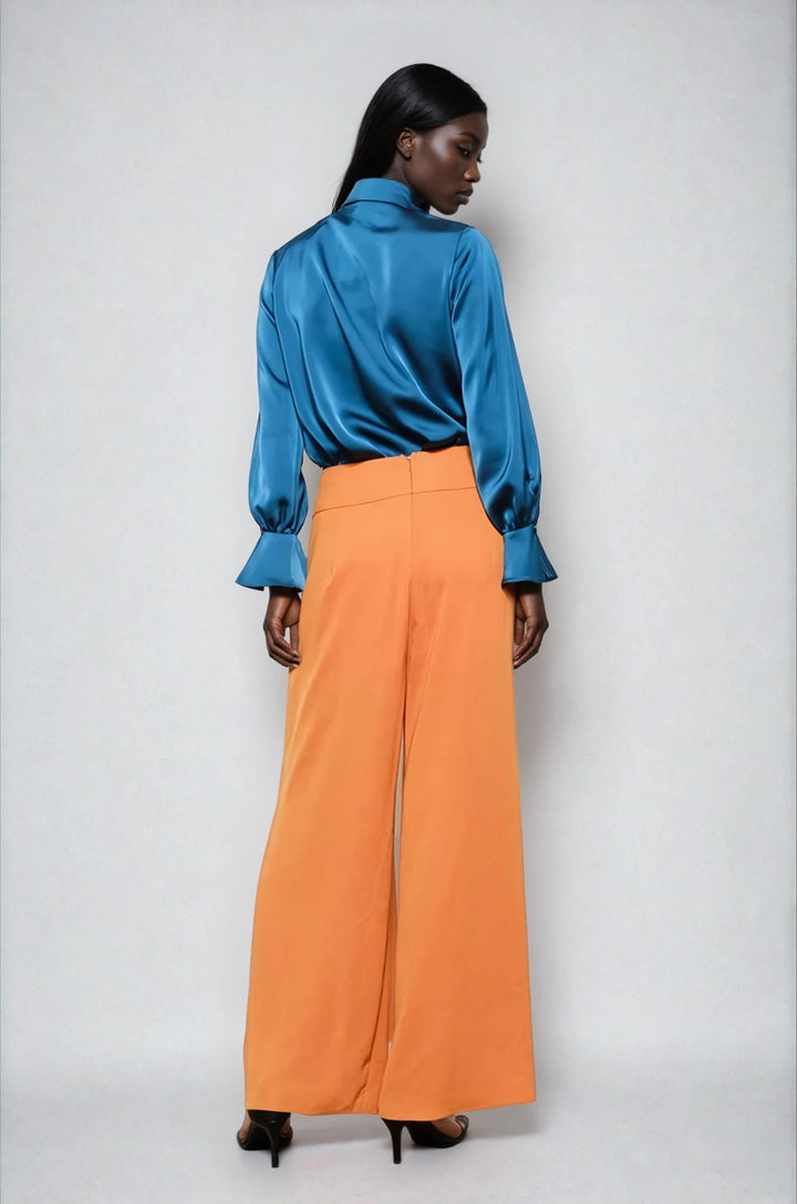 Back view blue collared blouse with tailored finish