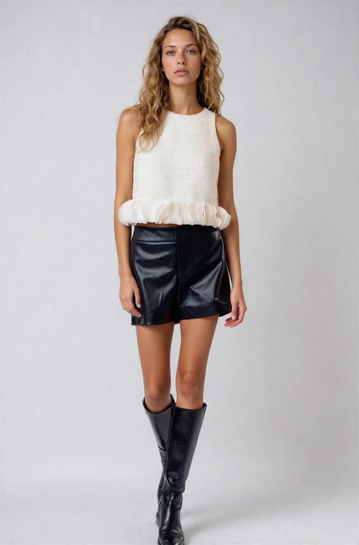 Champagne satin cargo jogger pants on model