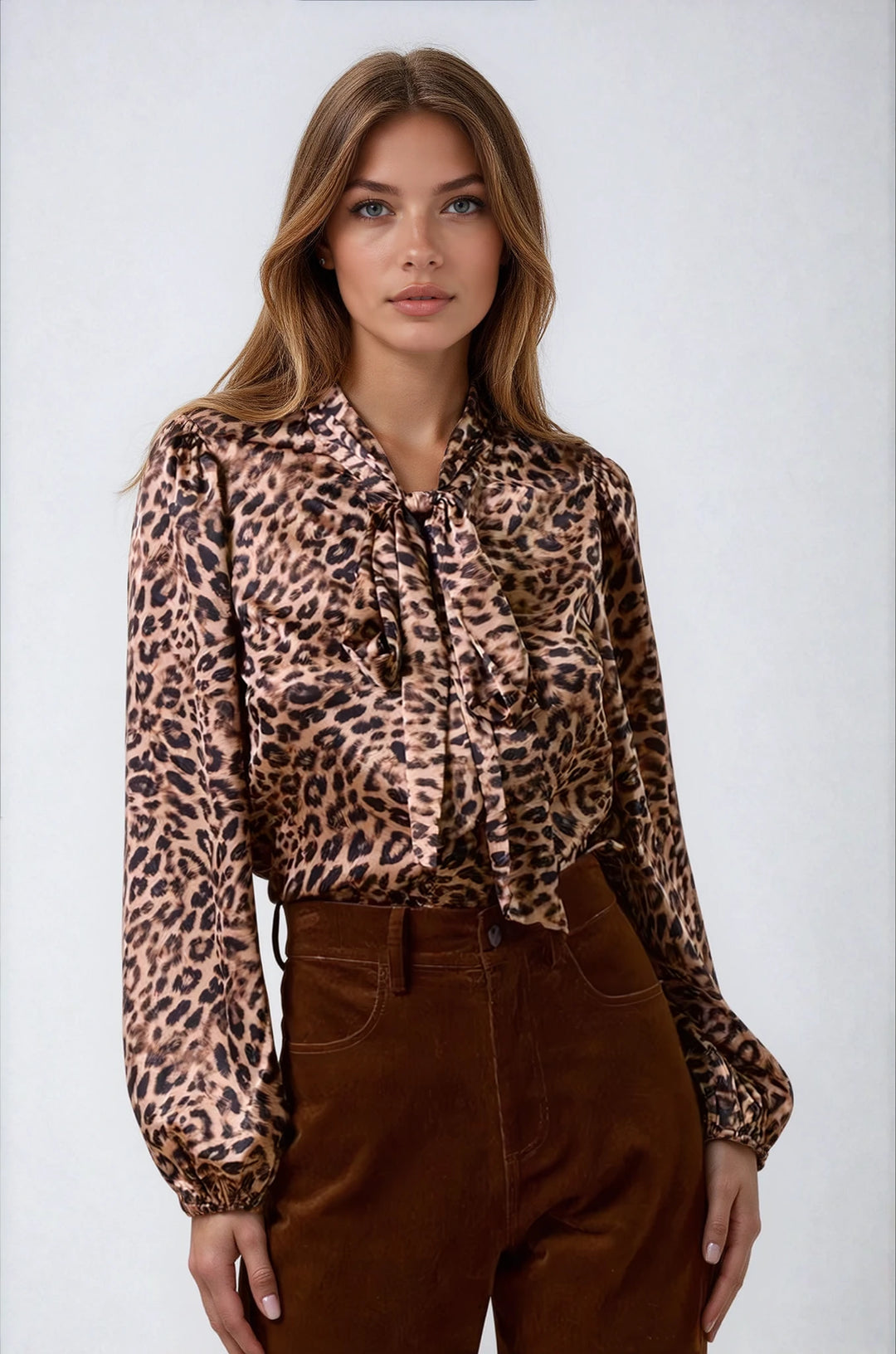 Leopard print blouse with bow neckline on model