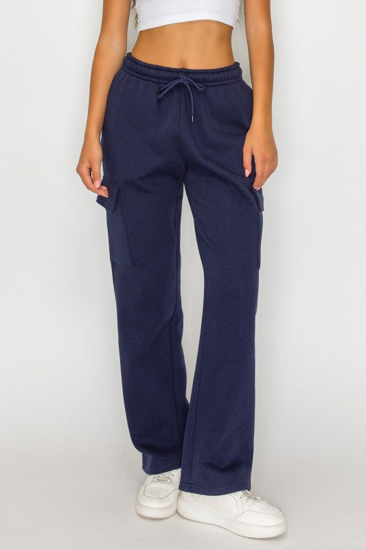 Front view navy straight leg sweatpants with drawstring waistband