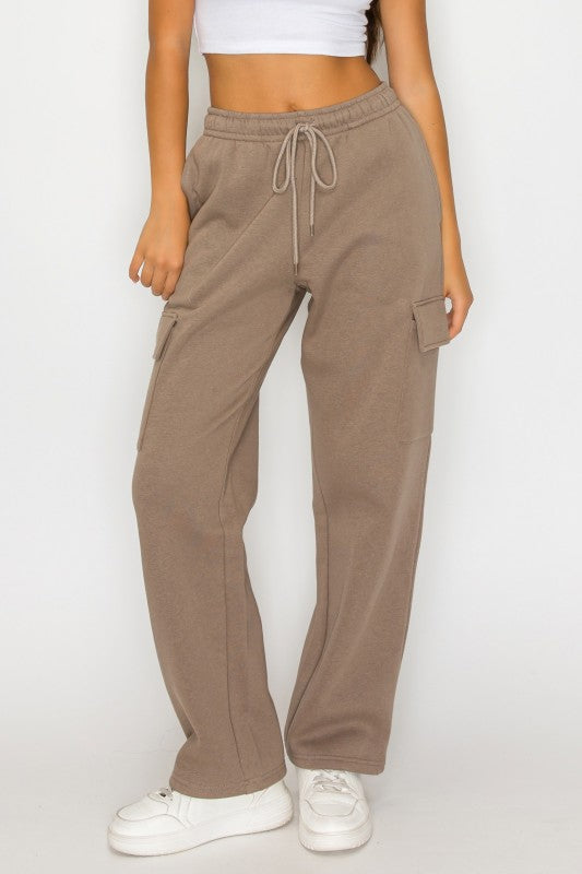Front view taupe straight leg sweatpants with drawstring waistband