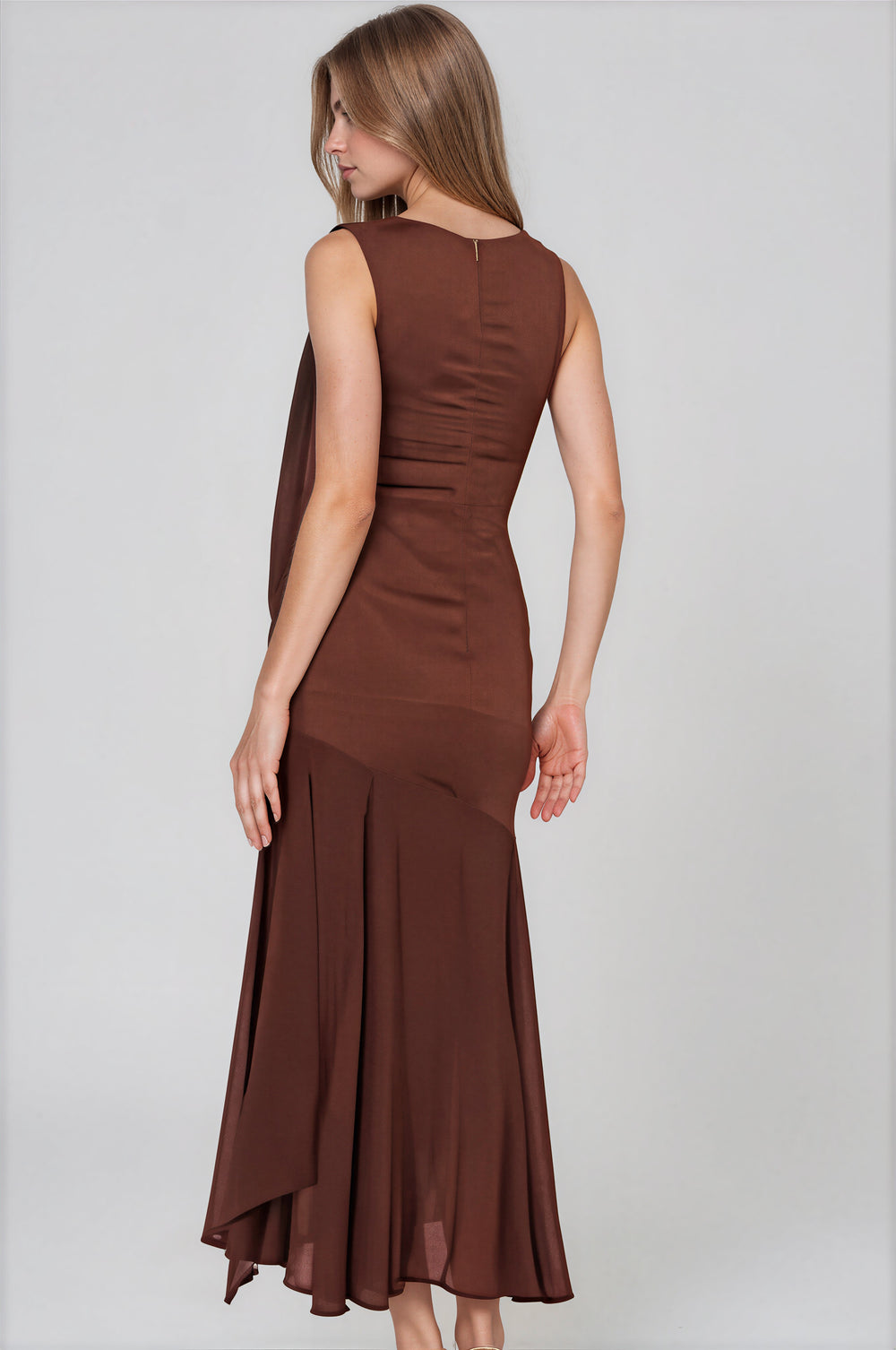 Back view chocolate high neck satin gown on model