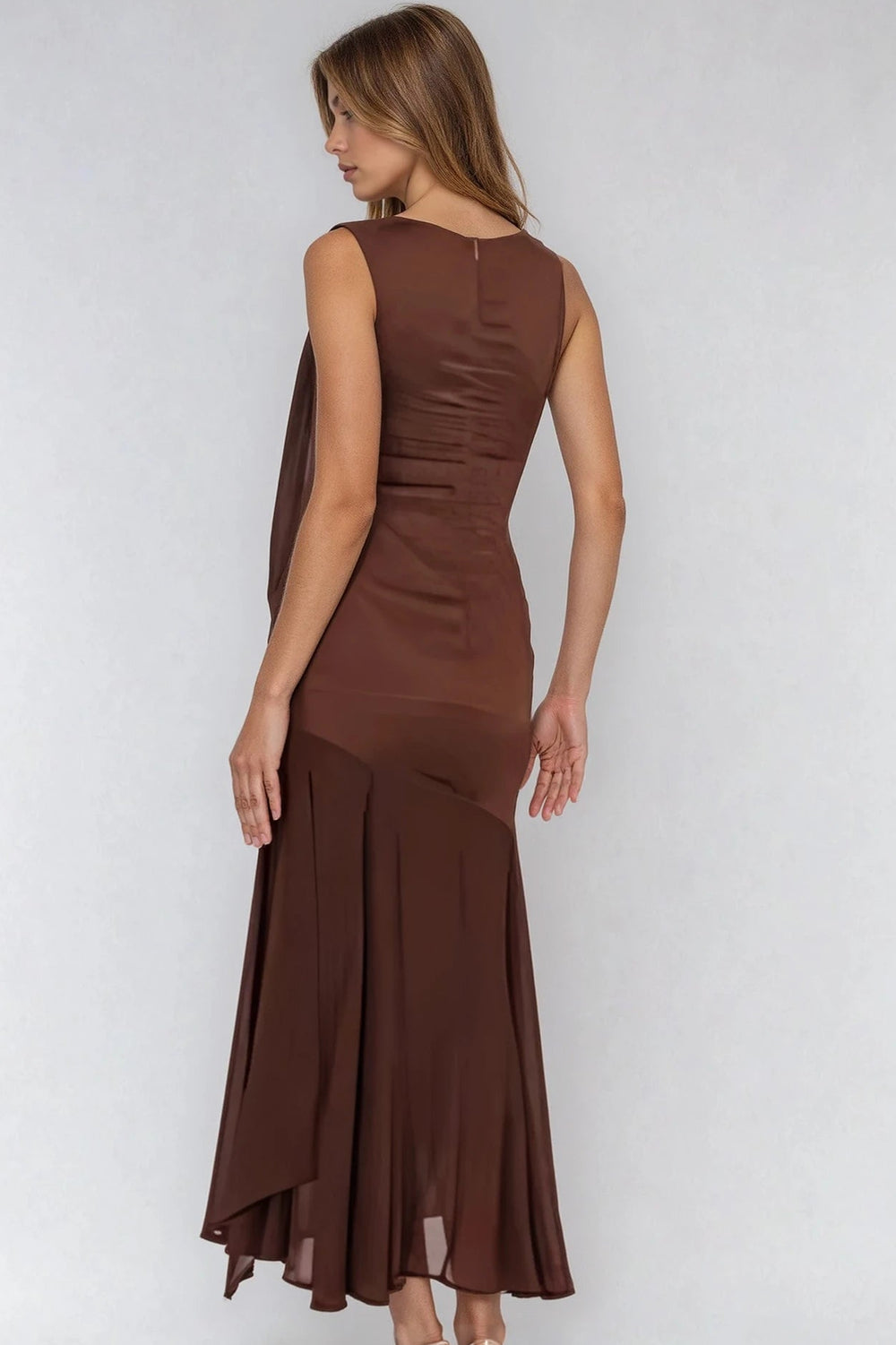 Back view chocolate high neck satin gown on model