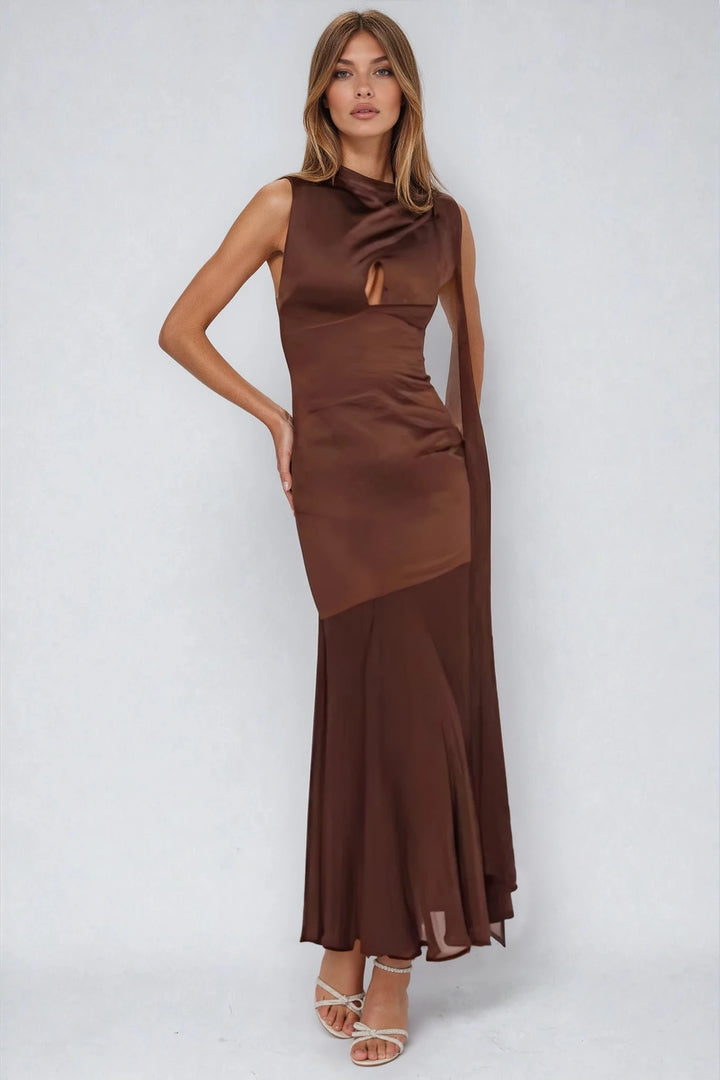 Chocolate satin gown with high neck and ruched bodice on model