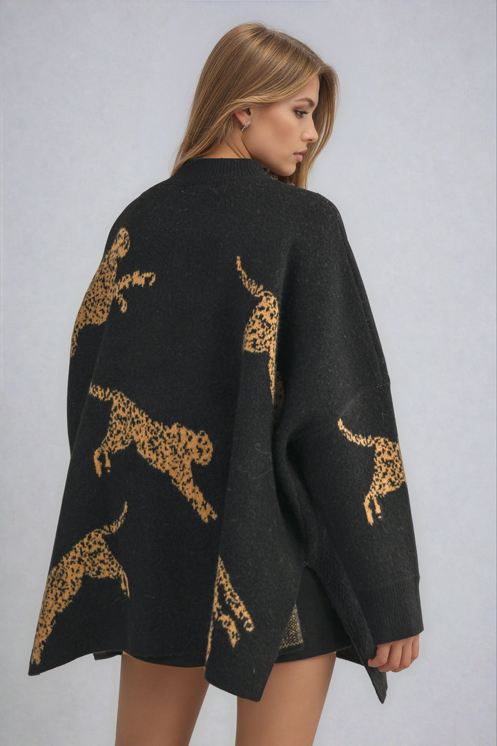 Black Tatianna Sweater — back view of oversized leopard knit sweater