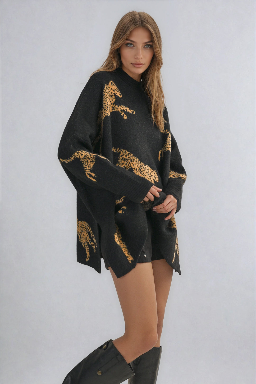 Black Tatianna Oversized Leopard Knit sweater — front view