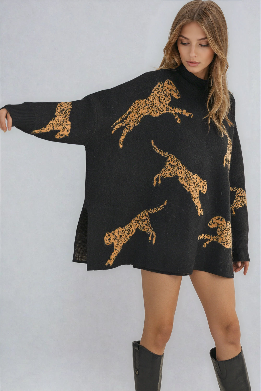 Black Tatianna Sweater on model — front view with bold leopard knit graphic